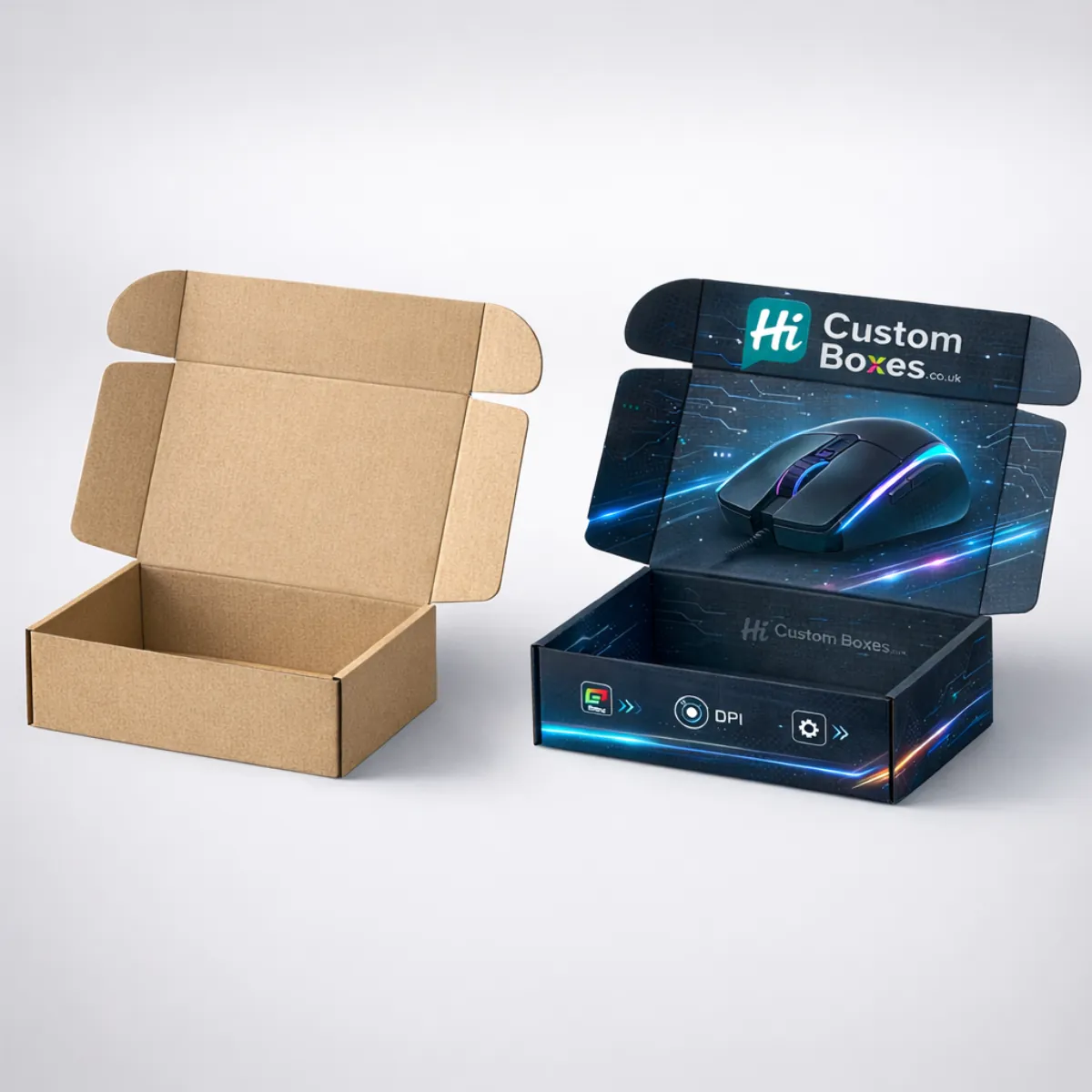 Two open cardboard mailer boxes, one plain brown and one with vibrant blue gaming mouse graphics. class=